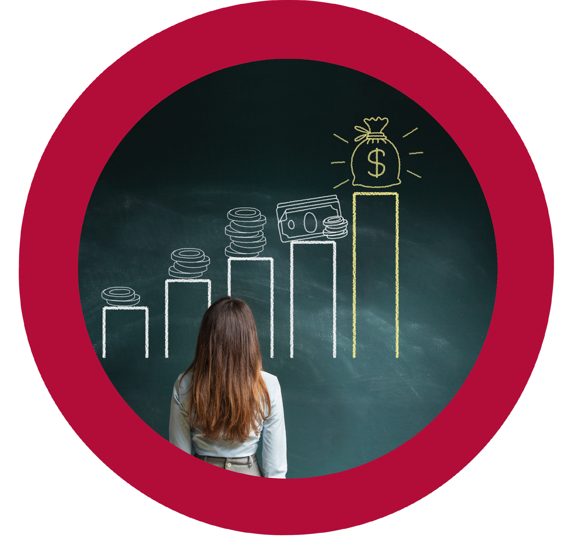 A woman standing in front of a chalkboard with a graph that shows savings growing.