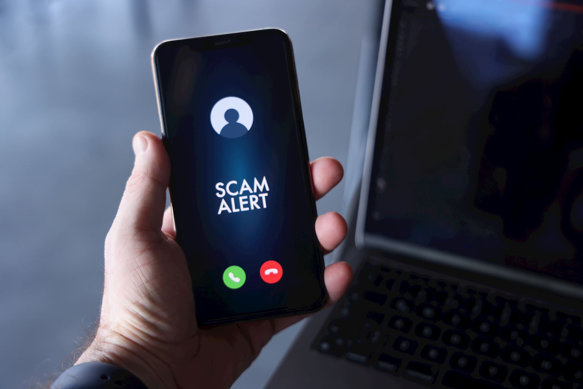 A person holding a phone that says scam alert on the screen