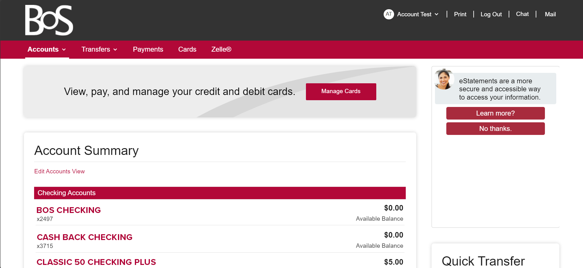 A screenshot of BOS online banking.
